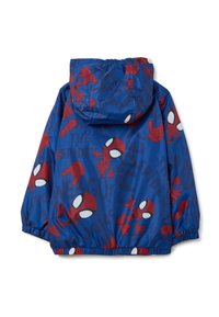 Blauwe lichtgewicht jas met een Spiderman-patroon, rode accenten en witte ogen. Inclusief een capuchon en elastische manchetten.