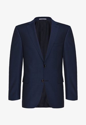 Blazer bleu marine pour homme avec deux boutons noirs, revers crantés, poches avant à rabat et une poche poitrine, présenté sur fond blanc.