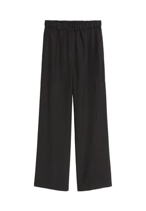 Black wide-leg trousers with an elastic waistband, front button closure, side pocket, and soft fabric texture.