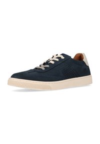 Baskets en cuir bleu foncé avec des détails perforés, lacets ivoire et une semelle en caoutchouc beige contrastante. Bout arrondi et design minimaliste.