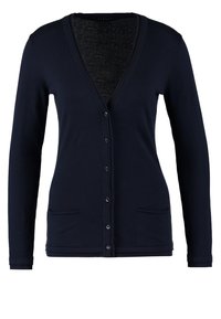 Cardigan blu navy con maniche lunghe, scollo a V, chiusura con bottoni, due tasche frontali e orlo e polsini a coste. Realizzato in tessuto lavorato a maglia.