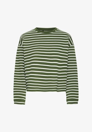 Top de manga larga a rayas verdes y blancas con cuello redondo y corte recto. Tejido suave y texturizado, con rayas horizontales distribuidas uniformemente.