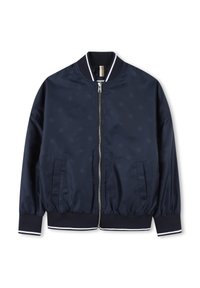 Veste bomber bleu marine en tissu lisse, dotée d'une fermeture éclair à l'avant, d'un col et de poignets côtelés, ainsi que de deux poches latérales avec un motif logo discret.