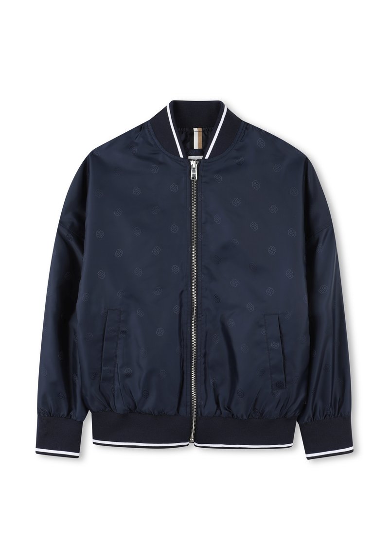 Veste bomber bleu marine en tissu lisse, dotée d'une fermeture éclair à l'avant, d'un col et de poignets côtelés, ainsi que de deux poches latérales avec un motif logo discret.