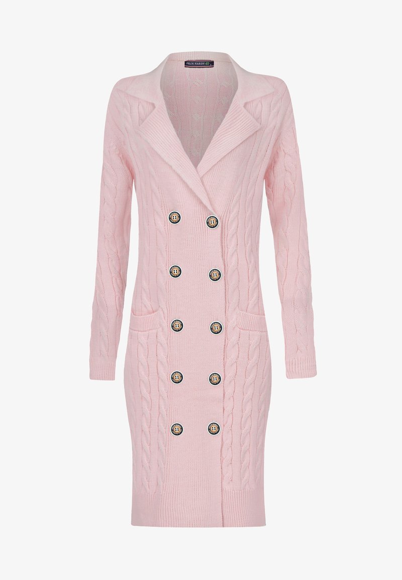 Langer rosa gestrickter Cardigan mit einem Zopfmuster, aufgeschlagenem Revers, doppelt geknöpftem Design mit runden Knöpfen und zwei Fronttaschen.
