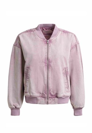 Svetlofialová rifľová bomber bunda s predným zipsom, rebrovaným golierom, manžetami, lemom a bočnými vreckami.