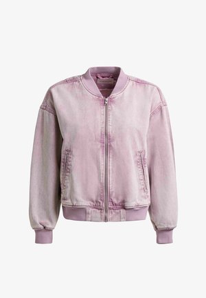 Jasnofioletowa kurtka bomberka z denimu z przednim zamkiem błyskawicznym, prążkowanym kołnierzem, mankietami, dołem i bocznymi kieszeniami.
