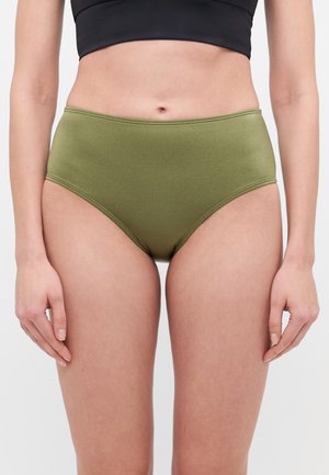 High-waisted olive green bikini bottoms made of smooth fabric with a seamless design and clean edges. Suitable for swimwear use.