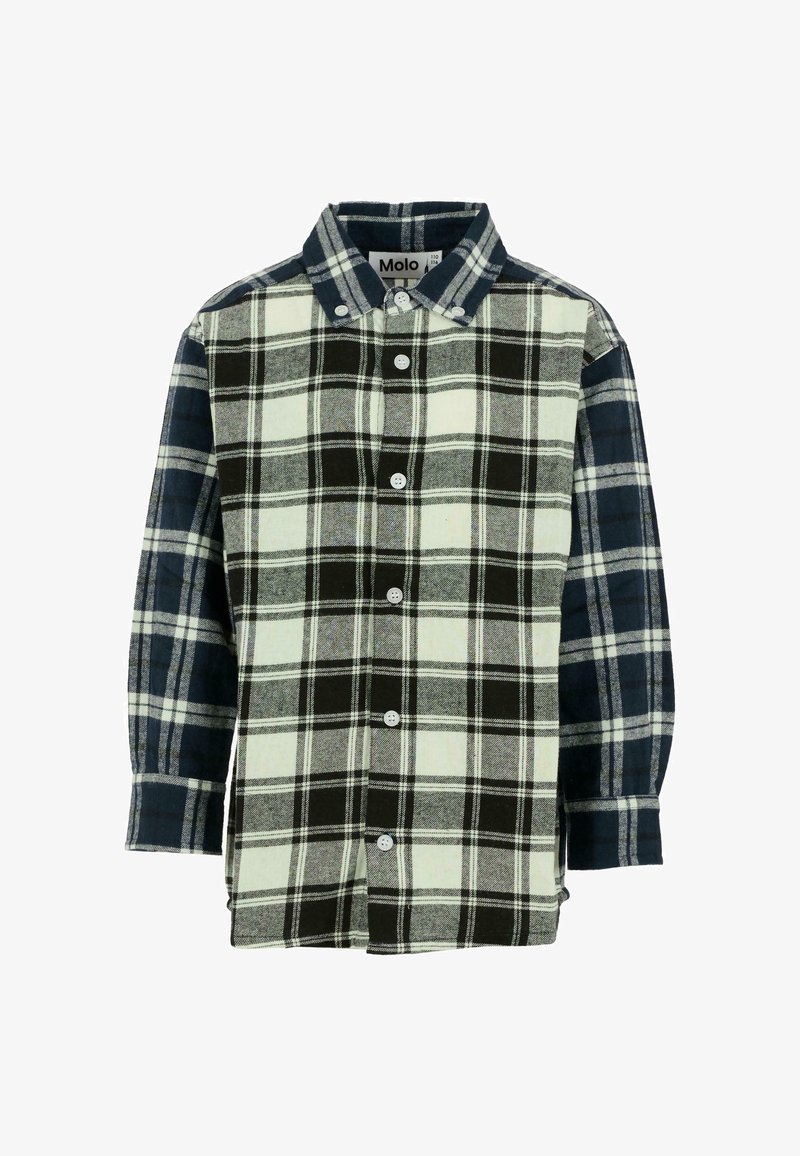 Koszula w kratę w zielonych, czarnych i niebieskich odcieniach, z przodem na guziki, kołnierzykiem, długimi rękawami i kontrastującymi wzorami kratki.
