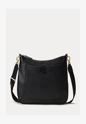 Geantă crossbody din piele neagră granuloasă, cu curea ajustabilă, buzunar frontal tip slip, accesorii aurii și logo RL brodat pe buzunar.