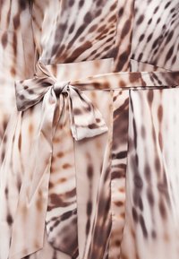 Μεταξένιο φόρεμα σε μπεζ και καφέ αποχρώσεις με σχέδια, με ζώνη που δένει σε φιόγκο στη μέση, παρουσιάζοντας την υφή του υφάσματος και τις χρωματικές παραλλαγές.