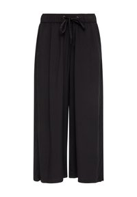 Zwarte wijde broek met een elastische tailleband en trekkoord. Gemaakt van een gladde stof met een vloeiende textuur en zonder zichtbare patronen.