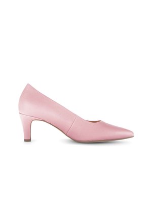 Escarpin en cuir rose à talon moyen fin et bout pointu, présenté en profil droit sur fond blanc.