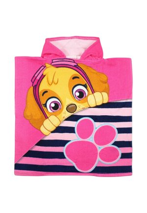 Serviette à capuche pour enfants rose avec un visage de chien dessin animé portant des lunettes et une grande empreinte de patte rose sur des rayures bleu marine et rose.