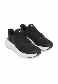 Scarpe sportive nere con tomaia in rete, punta tonda, suola bianca e lacci. Presentano un logo sui lati e un design imbottito per il massimo comfort.