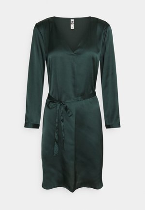 Dark green satin long-sleeve dress with V-neck and waist tie belt, knee-length, smooth texture, and a slightly fitted silhouette.