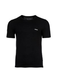Schwarzes T-Shirt mit kurzen Ärmeln aus Baumwolle, mit rundem Halsausschnitt und kleinem weißen "BOSS"-Logo auf der Brust. Glatte Textur.