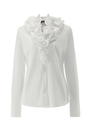 Weißes Langarmhemd mit strukturiertem Rüschensaum, durchgängiger Knopfleiste und glattem Stoff. Das schlichte Design legt den Fokus auf Schichtung und Eleganz.