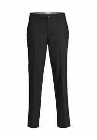 Black trousers with a flat front, straight legs, and a single button closure. Made from smooth fabric with no visible patterns or accents.