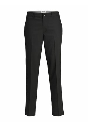 Svarta byxor med flat front, raka ben och en enda knappknäppning. Tillverkade av ett slätt tyg utan synliga mönster eller detaljer.