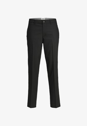 Fekete nadrág sima anyagból, lapos elejű, egyenes lábakkal és egy gombos záródással. Nincs rajta látható minta vagy díszítés.