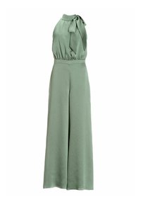 Groene jumpsuit met een hoge halslijn, strikaccent, getailleerde taille en wijd uitlopende pijpen. Gemaakt van een lichte stof met een gladde textuur.