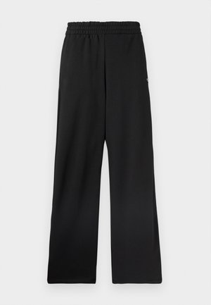 Pantalones negros de pierna ancha con cinturilla elástica, fabricados con un material suave. No tienen bolsillos ni patrones distintivos.