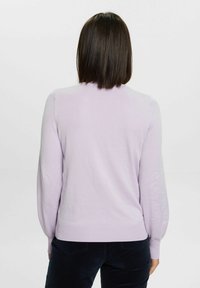 Lila trui, gemaakt van zachte stof, met lange mouwen, een ronde halslijn en een aangesloten zoom. Gestructureerd breiwerk met een gladde afwerking.