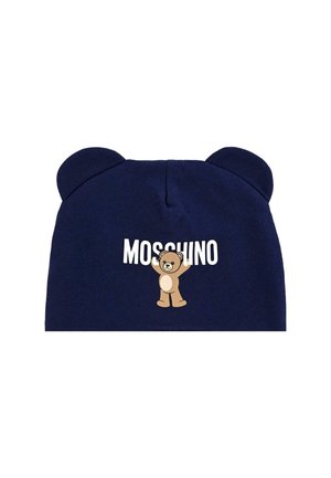 Granatowa dzianinowa czapka z uszami misia, ozdobiona nadrukiem logo "Moschino" i kreskówkowym misiem unoszącym ramiona. Miękka tekstura, zaokrąglony kształt.