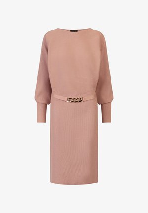 Strickkleid in sanftem Rosa mit geripptem Muster, Bootsausschnitt, ballonförmigen Ärmeln und einem Bund mit goldener Kettenakzent.