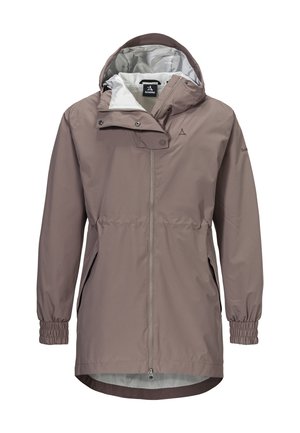 Leichte, dunkel-taupefarbene Jacke mit verstellbarer Kapuze, Reißverschluss, elastischen Bündchen und zwei Seitentaschen. Verfügt über eine glatte, glänzende Oberfläche.