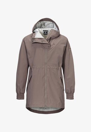 Lightweight, dark taupe jacket with a drawstring hood, zip closure, elastic cuffs, and two side pockets. Features a smooth, shiny texture.
