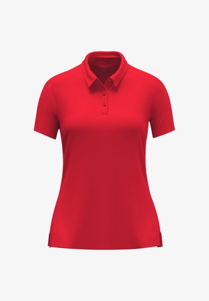 Rotes kurzärmeliges Polohemd mit drei Knöpfen und Kragen, entworfen für eine figurbetonte weibliche Silhouette vor einem schlichten weißen Hintergrund.