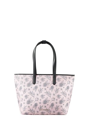 Sac cabas rose avec des croquis floraux noirs et des poignées noires, comprenant une petite plaque de marque dorée en bas au centre.