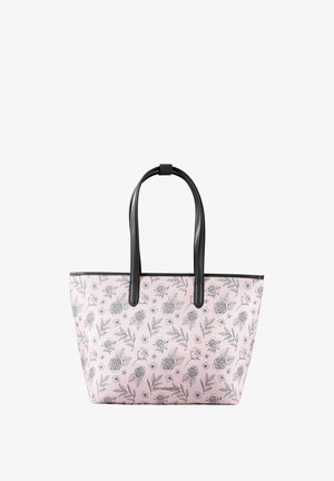 Sac cabas rose avec des croquis floraux noirs et des poignées noires, comprenant une petite plaque de marque dorée en bas au centre.