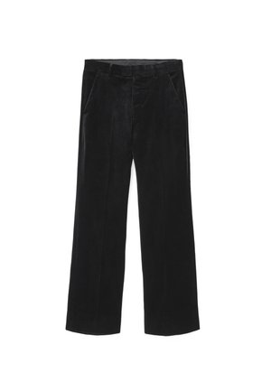Zwarte, wijde fluwelen broek met een gladde textuur, voorzien van twee zijzakken en een aansluitende tailleband.