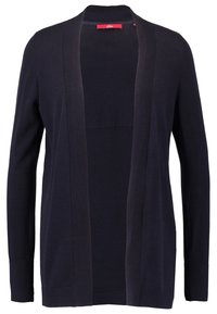 Mörkblå kofta med öppen framsida, ribbade ärmslut och texturerad paneldetalj. Tillverkad av mjukt stickat material, långa ärmar, avslappnad passform.