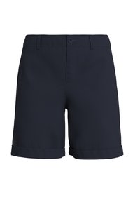 Shorts bleu marine à coupe droite, dotés d'un ourlet retroussé, d'une fermeture avant avec bouton, et d'une texture de tissu lisse.