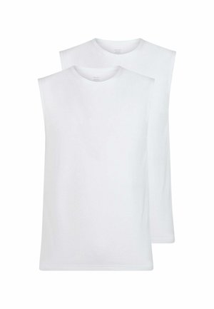 Due semplici t-shirt bianche senza maniche con scollo rotondo sovrapposte, vista frontale su sfondo bianco.