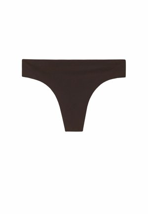 Bruine stringonderbroek met een gladde textuur en brede tailleband, met een minimalistisch ontwerp en driehoekige vorm. Geen patronen of versieringen.