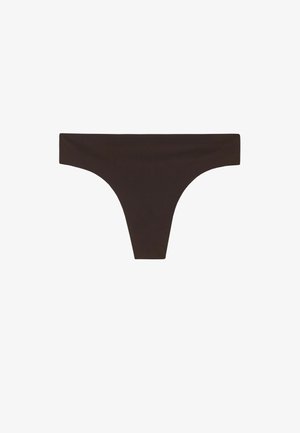Bruine stringonderbroek met een gladde textuur en brede tailleband, met een minimalistisch ontwerp en driehoekige vorm. Geen patronen of versieringen.