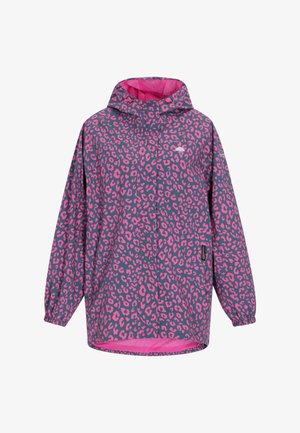 Lila esőkabát rózsaszín leopárdmintával, kapucnival, rugalmas mandzsettákkal és cipzáras első zsebbel. Bélése rózsaszín szövet.