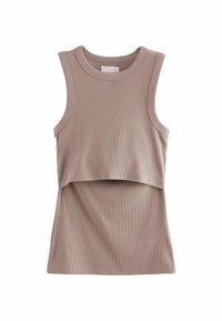 Top de rezervor ribbed maro cu un design stratificat, având brațe largi și un guler rotund. Textură moale, formă structurată. Fără modele sau accesorii.