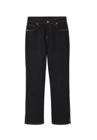 Blugi din denim negru cu tăietură dreaptă, cinci buzunare, cusături portocalii și fante pe margine. Textură fină și design clasic.