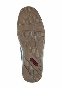 Suela de zapato de goma marrón con un patrón texturizado que presenta elementos hexagonales y de espiga, marcada con "41" y "rieker" en rojo.