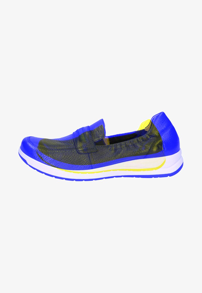 Slip-on sneaker i texturerad marinblå och livlig blå, med en vadderad vit sula med gula accenter och en slät, rundad tådesign.