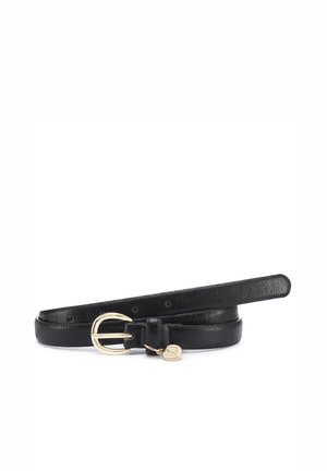 Black leather belt with gold rounded buckle and small gold charm attached, laid flat on white background.