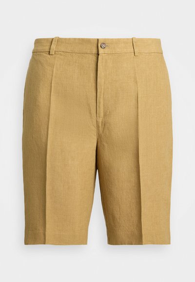 Χακί λινές βερμούδες με ίσια γραμμή, πιέτες μπροστά, ζώνη με κούμπωμα κουμπιού και απαλή υφή.