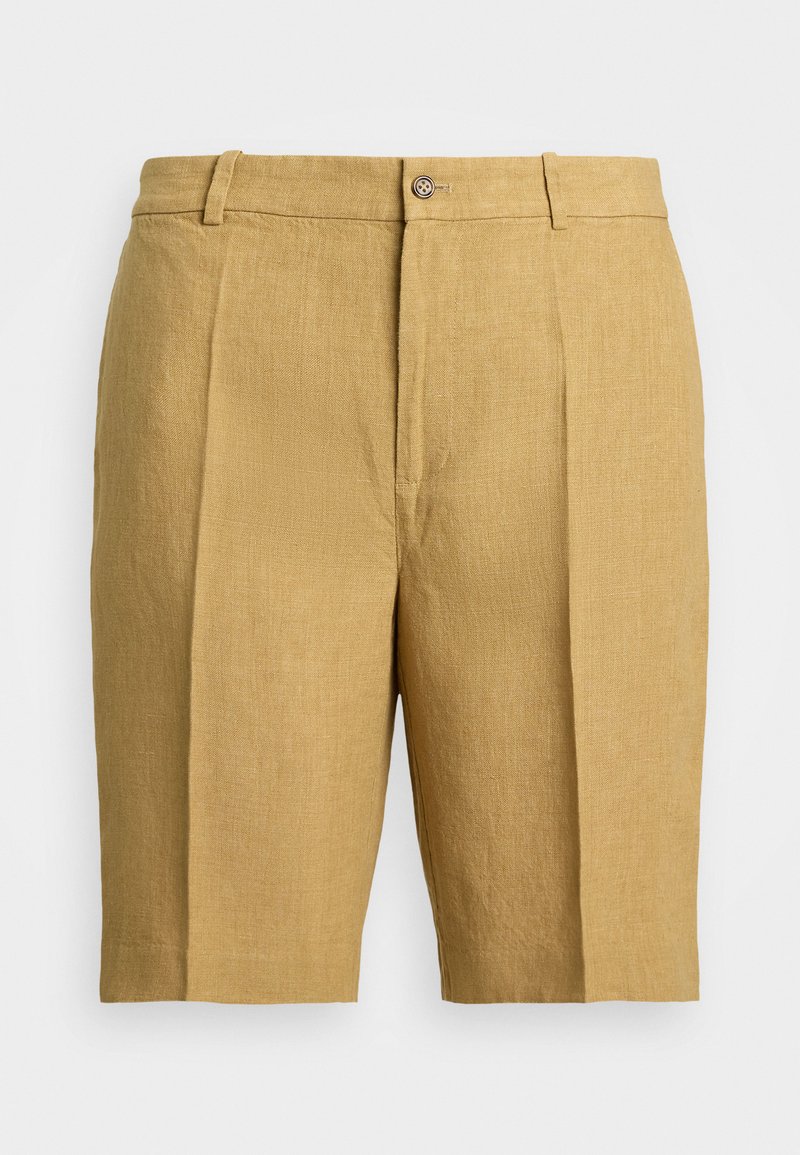 Kaki linshorts med rett skår, folder foran, liv med knappelukking og en glatt tekstur.