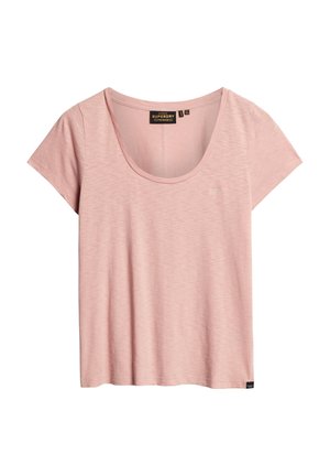 Roze T-shirt met korte mouwen en een ronde hals, gemaakt van een zachte stof; heeft een klein logo op de linker borst en een label aan de zoom.